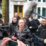 Gay mayor of Paris, Bertrand Delanoë, speaks to reporters at the beginning of Sunday's protest.