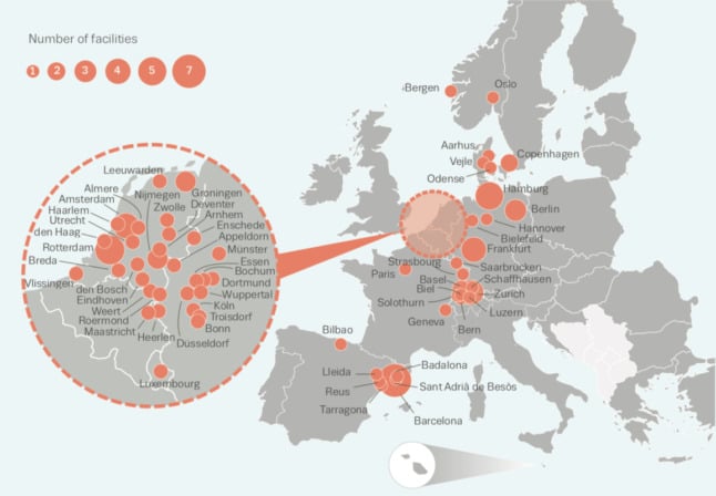 A map shows the locations of 78 safe drug consumption facilities in Europe.
