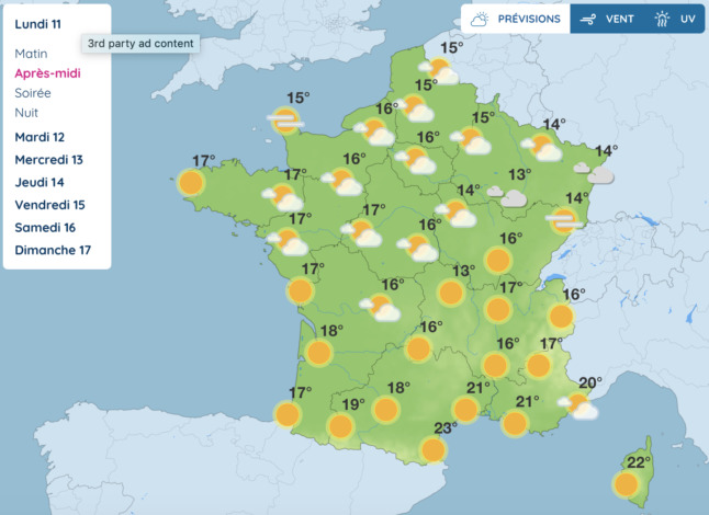 Monday's weather forecast from Météo France.