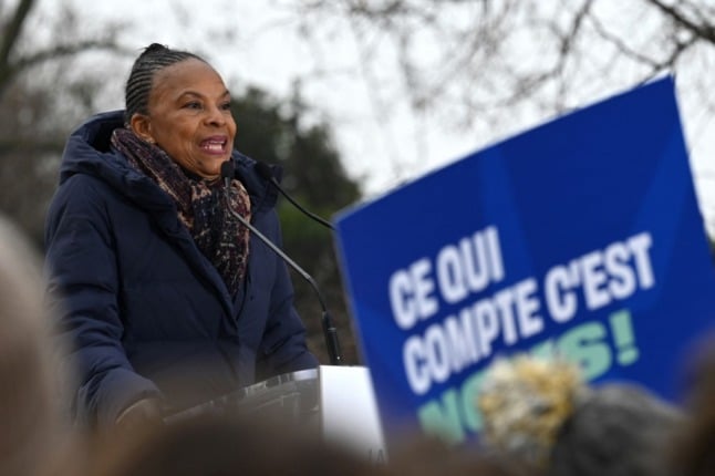France's former Justice Minister Christiane Taubira delivers a speech in front of supporters in the Croix-Rousse district of Lyon, eastern France, on January 15, 2022.