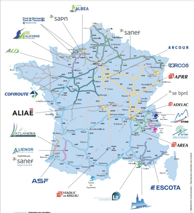 A map shows which companies operate French motorways