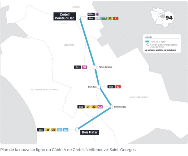 A map shows the planned route of a cable car service in the Val-de-Marne département outside of Paris.